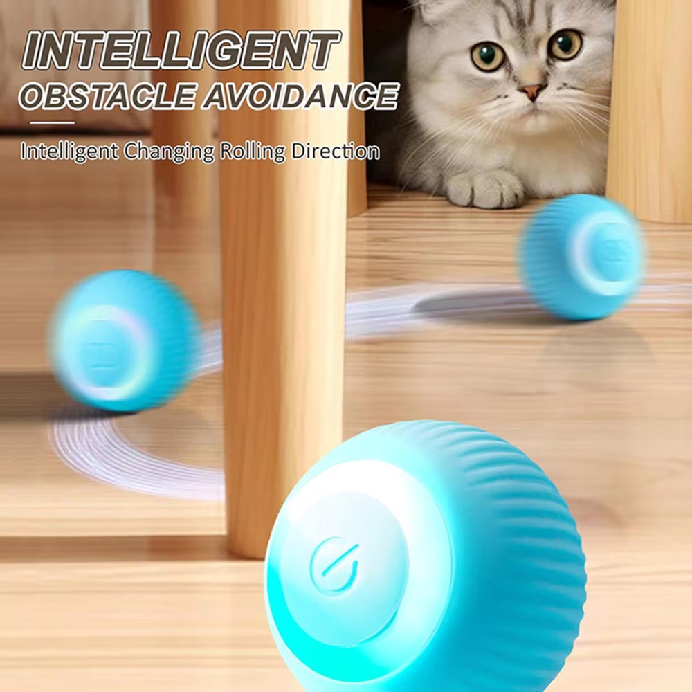 Close-up of LED light-up electric cat ball showing glowing motion for interactive cat play